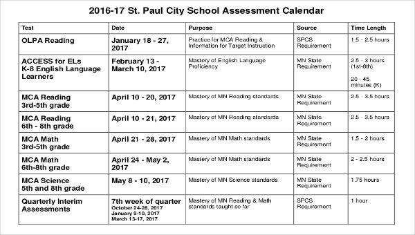  assessment calendar template