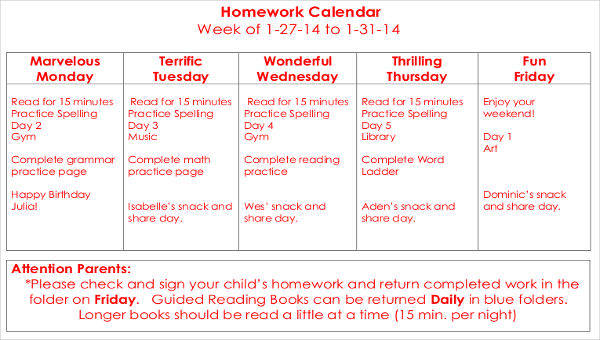  homework calendar templates 