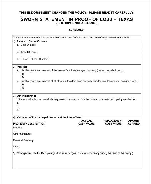 affidavit proof of loss statement