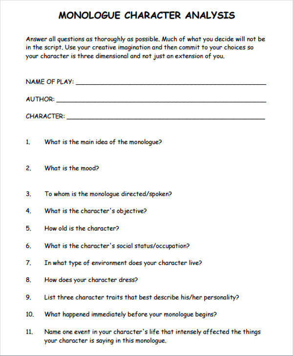 character analysis worksheet pdf acting