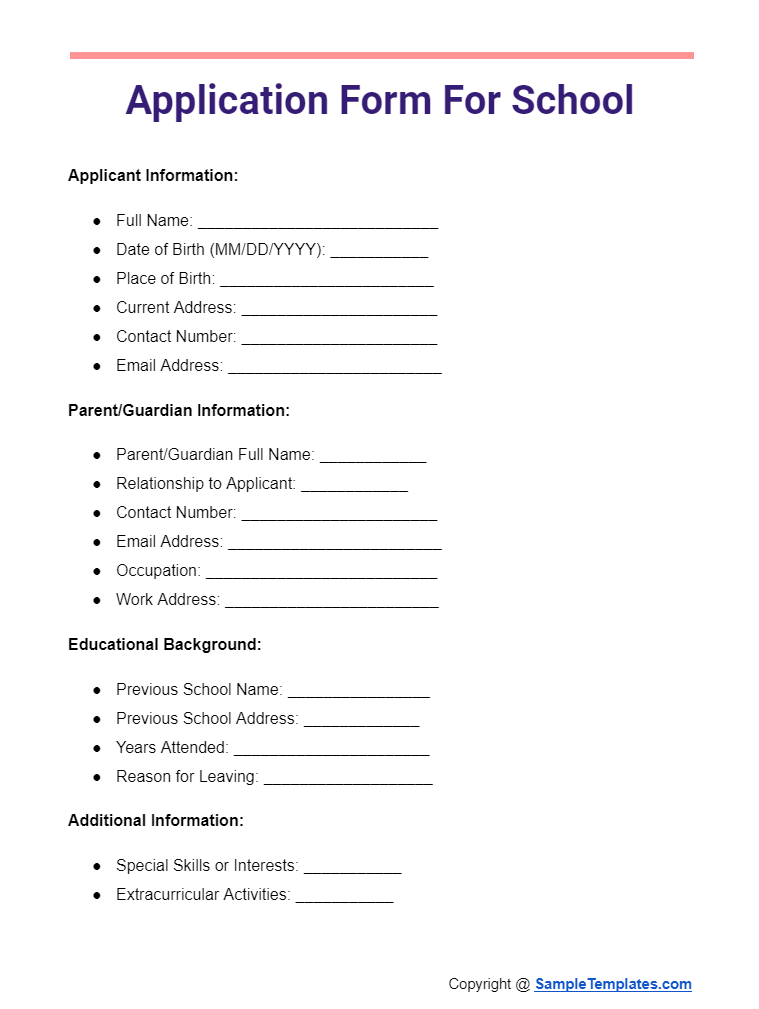 application form for school