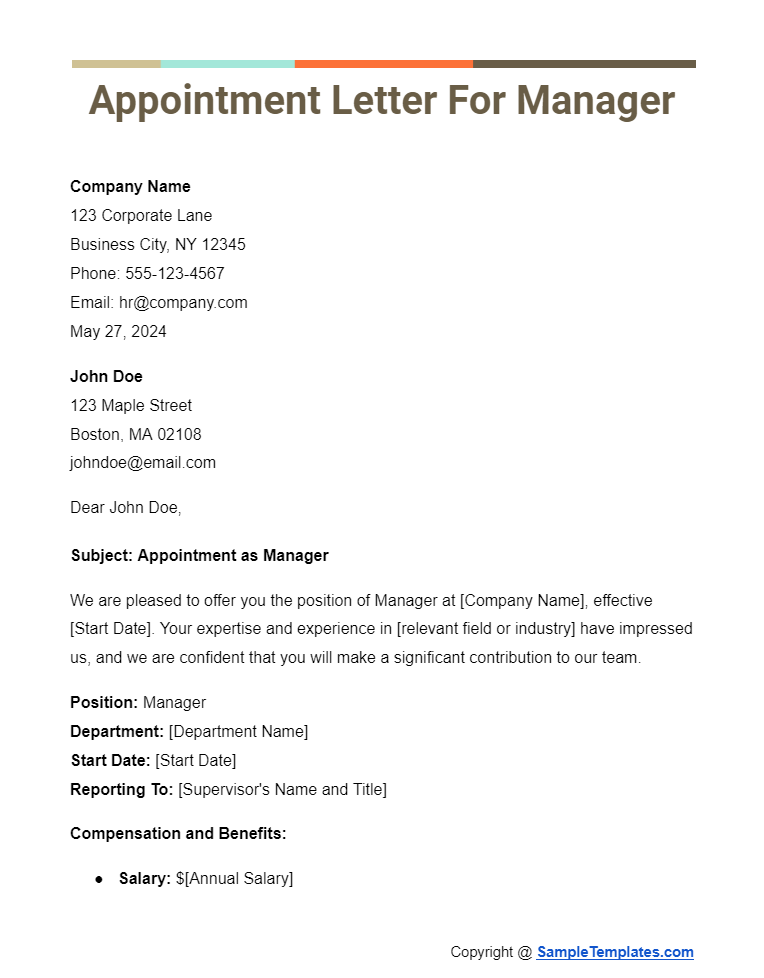 appointment letter for manager