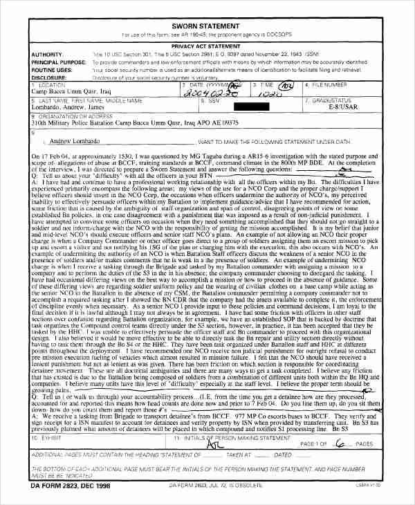 army sworn statement form