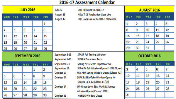 assessment calendar template