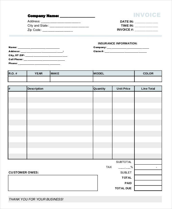 auto body repair invoice