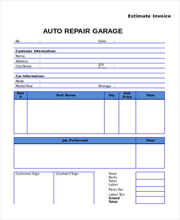 Downloadable Free Printable Auto Repair Invoice Template