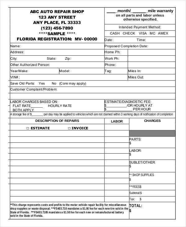 auto repair invoice template word