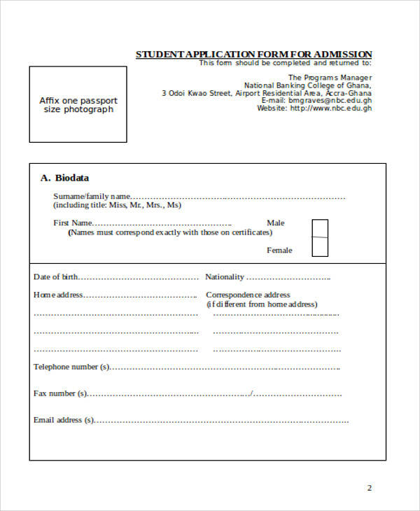 banking college application form