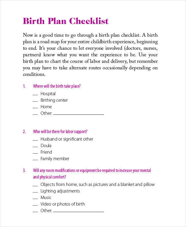 birth plan checklist