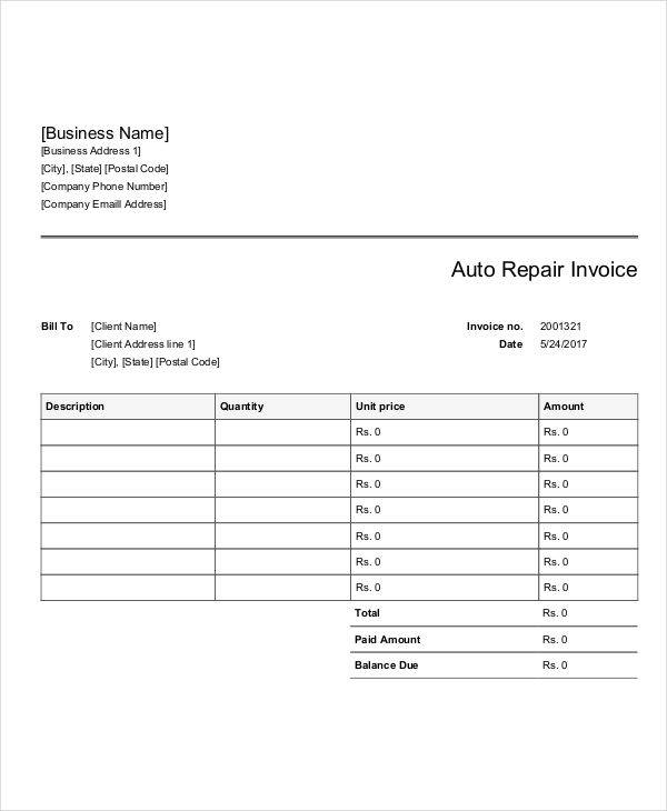 Printable Mechanic Invoice Template