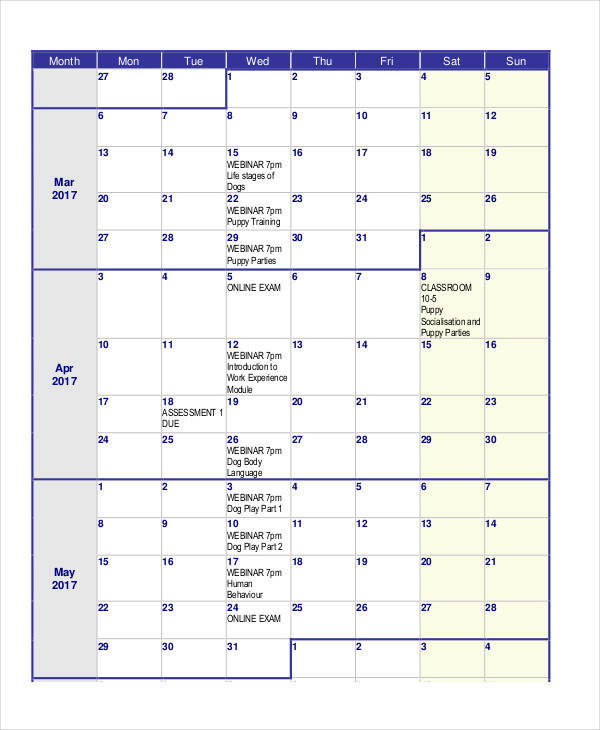 FREE 8 Classroom Calendar Templates In PDF
