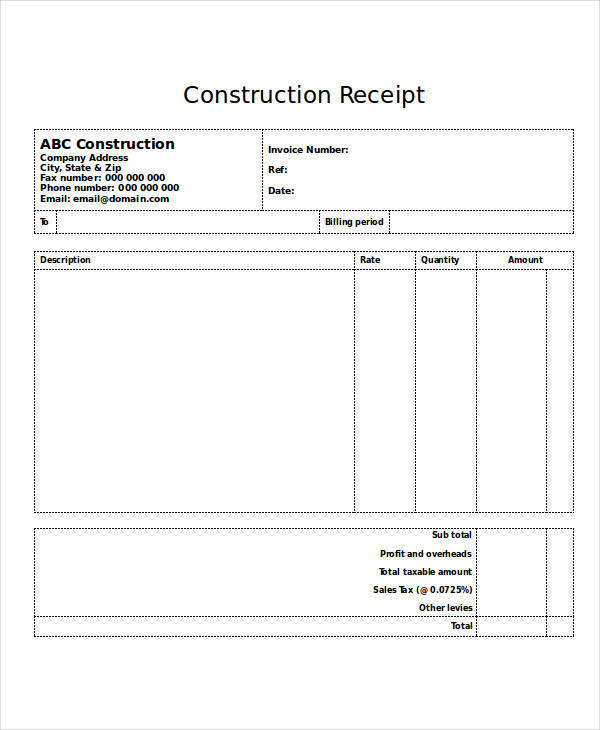 6 Construction Receipt Templates Free Sample Example