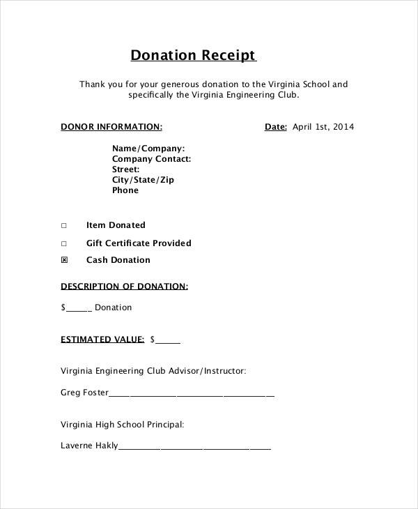 blank donation receipt