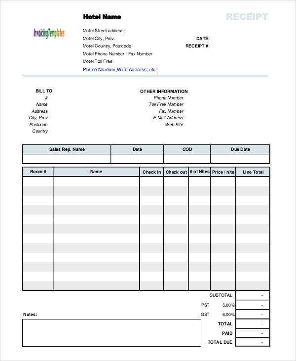 blank hotel receipt