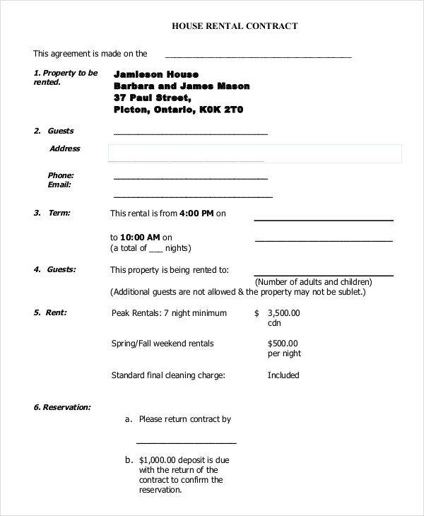 blank house rental contract form