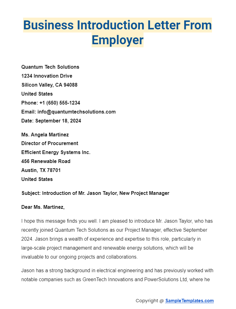 business introduction letter from employer