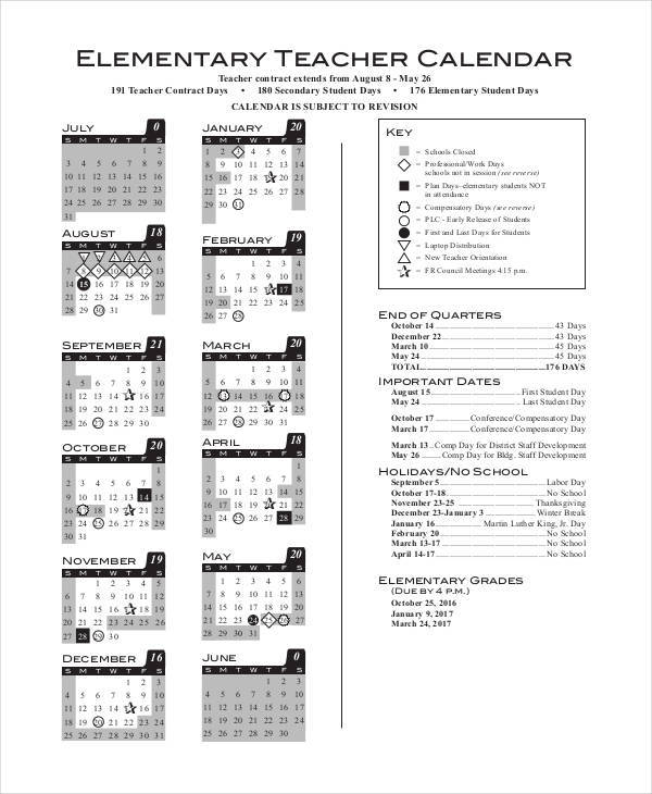 calendar for elementary teacher