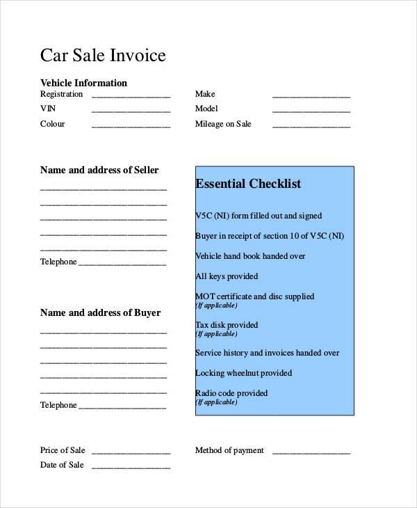 car purchase invoice template