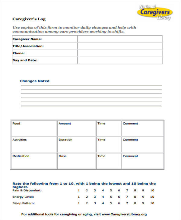 Caregiver Log Book Printable Home Health Care Daily Log Template