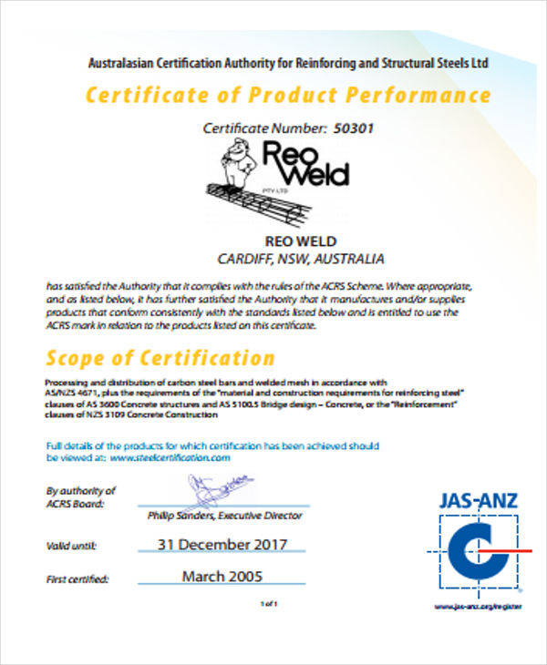 certificate for product performance