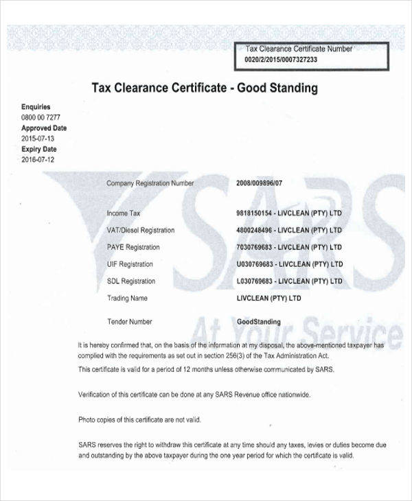 certificate for tax clearance