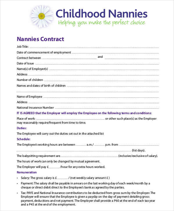 childhood nanny contract