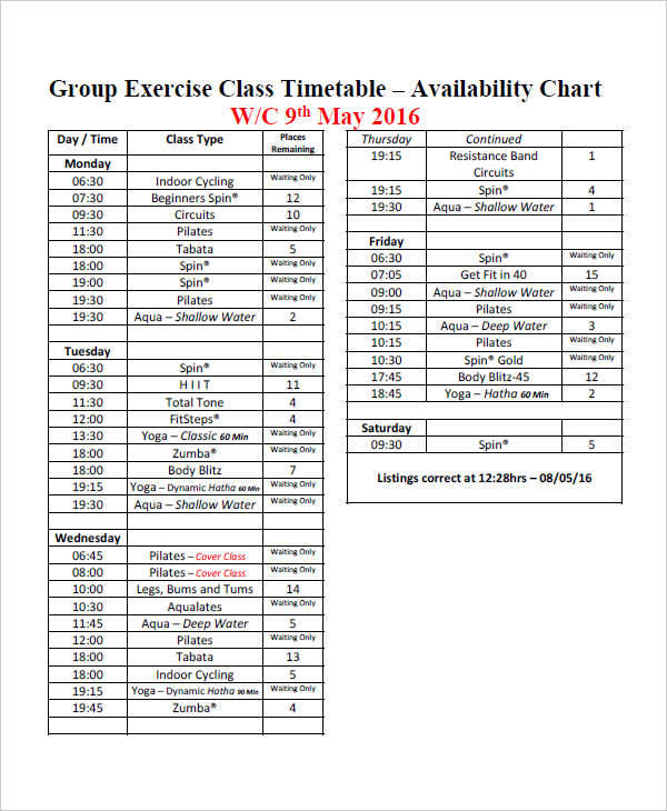 class time table chart