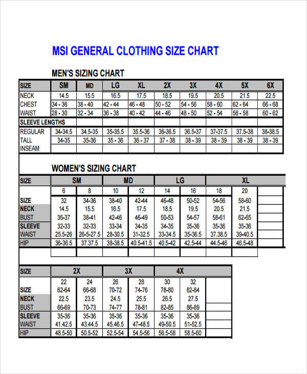 clothing size chart
