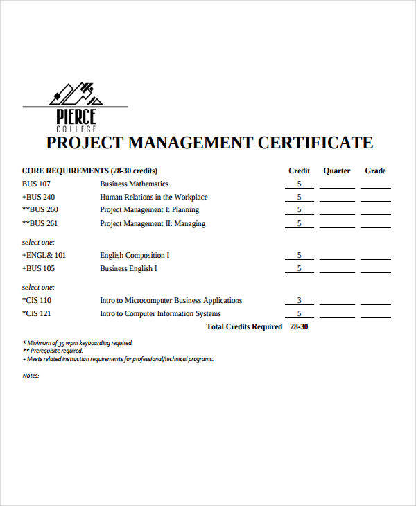 college project certificate