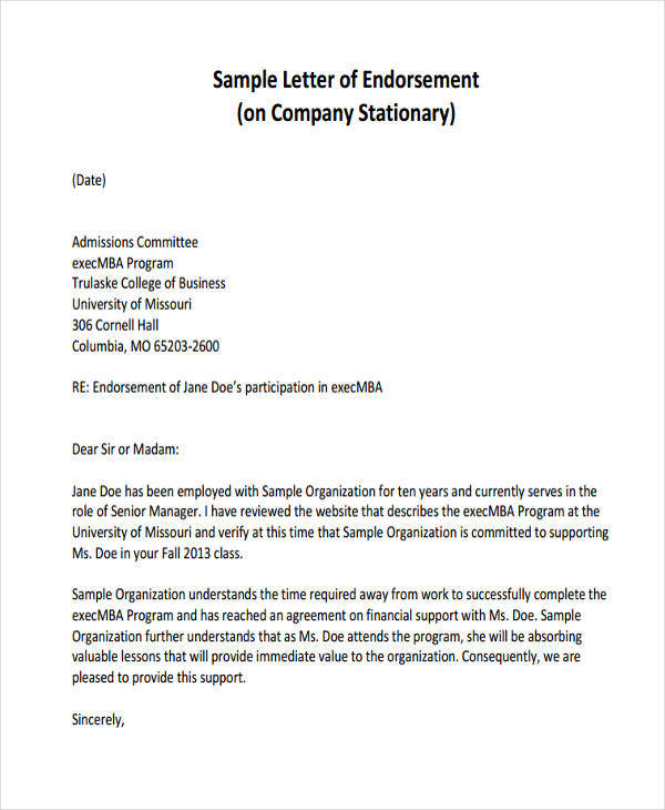 Endorsement Letter Example Design Templates   Company Endorsement Letter 