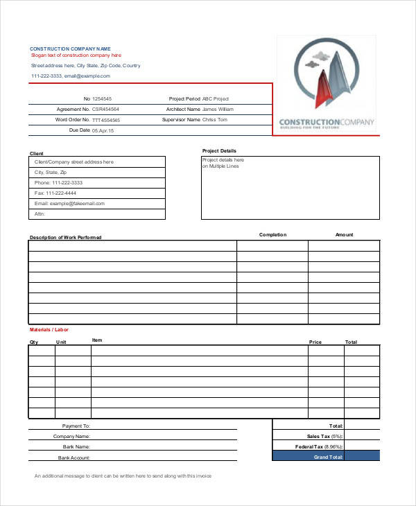 6 Construction Receipt Templates Free Sample Example