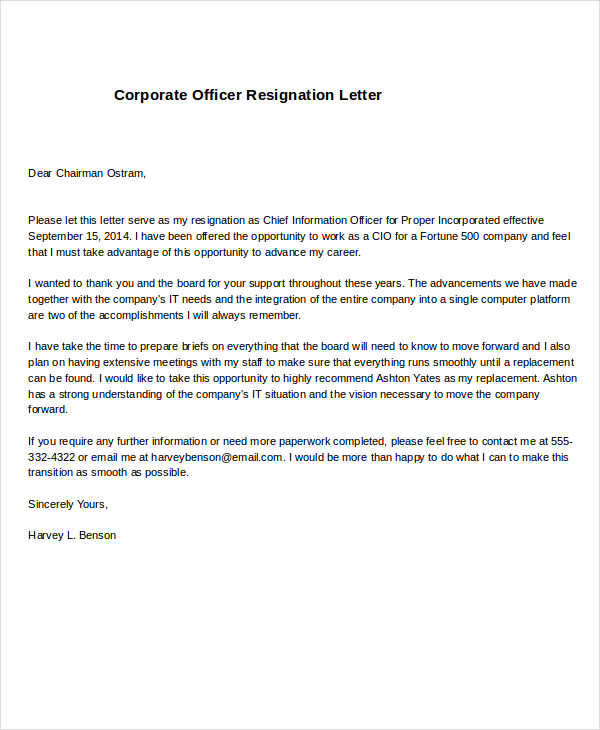 corporate officer resignation