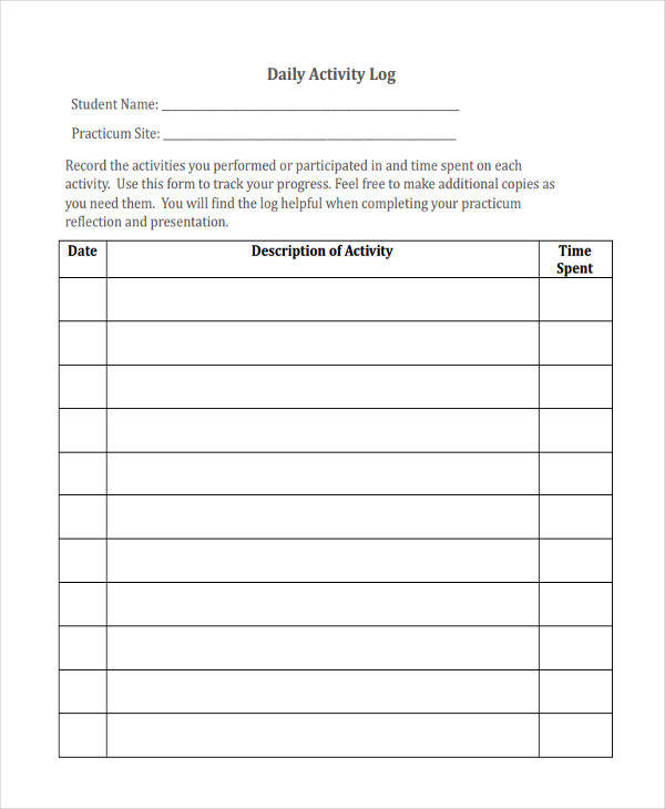 Daily Activity Log Sheet Printable