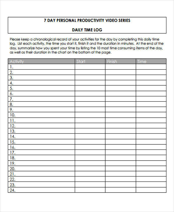 daily time log printable