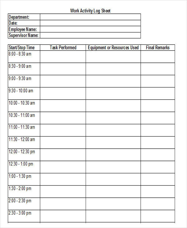 daily time log printable