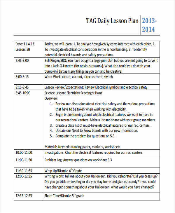 daily log lesson plan