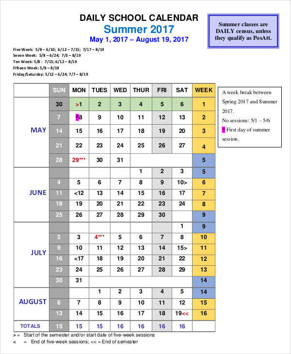 daily school calendar