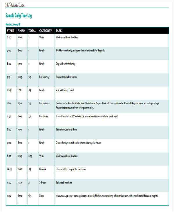 daily time log printable