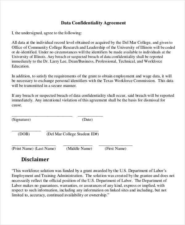 data confidentiality agreement sample