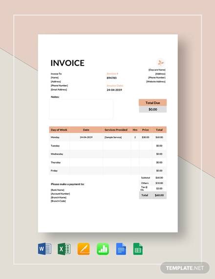 FREE 7  Daycare Invoice Templates in MS Word PDF