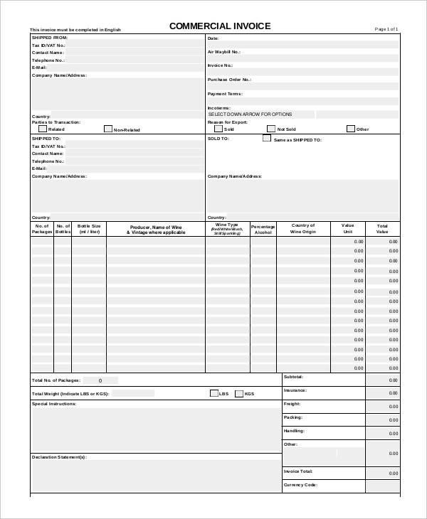 draft commerical invoice