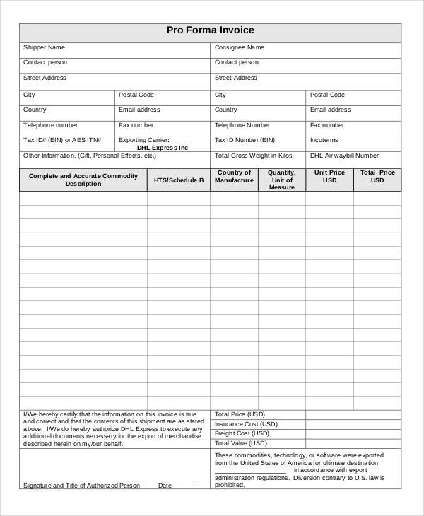 draft proforma invoice format