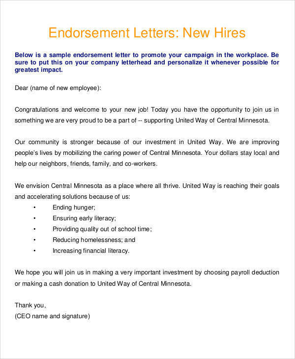 Sample Letter from Company of Endorsement