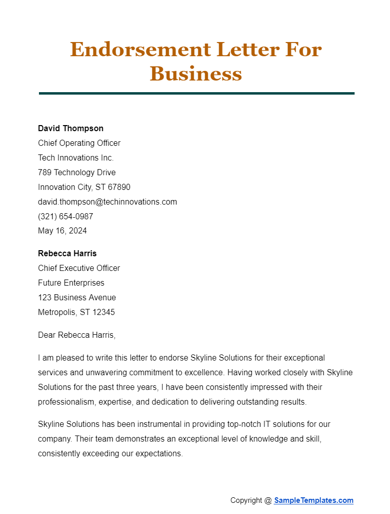endorsement letter for business