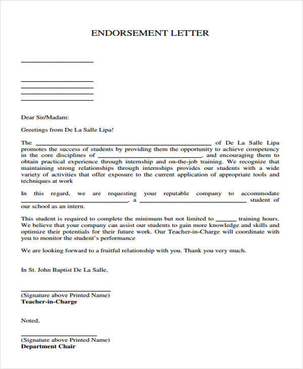 Endorsement Letter Sample For Business