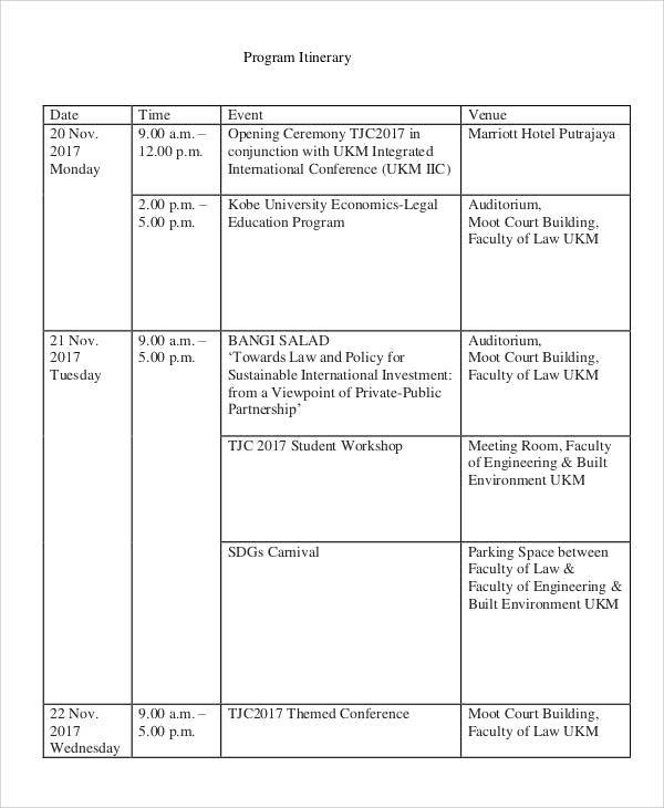 event itinerary program template