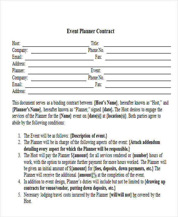 Printable Event Planner Contract Template Free Printable Templates