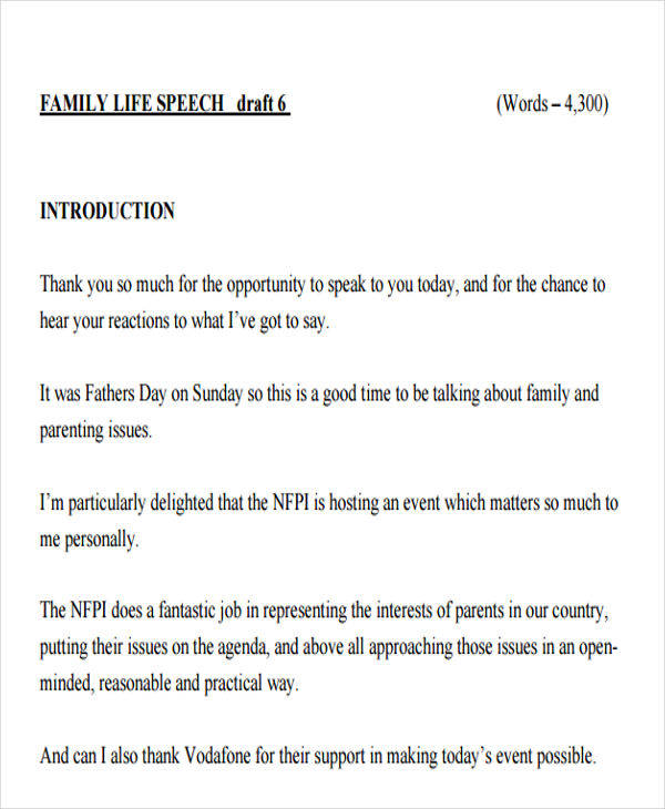 example of speech outline about family