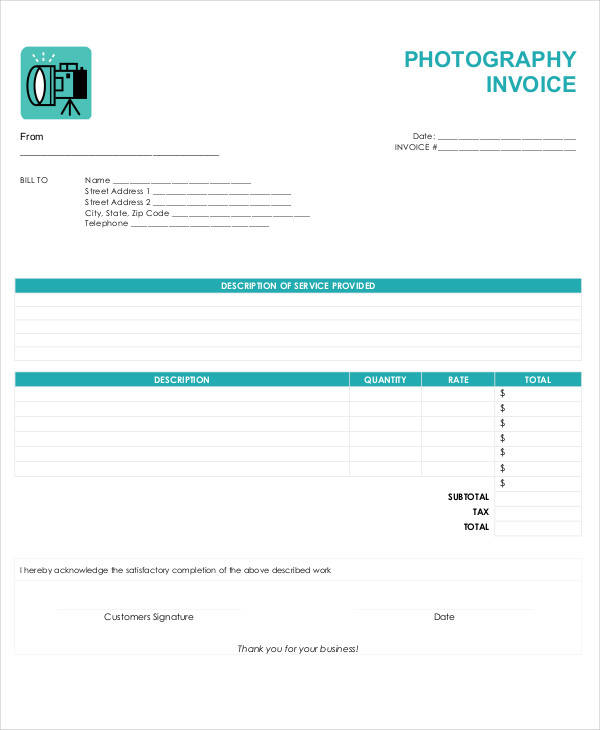 Photography Receipt Template Free