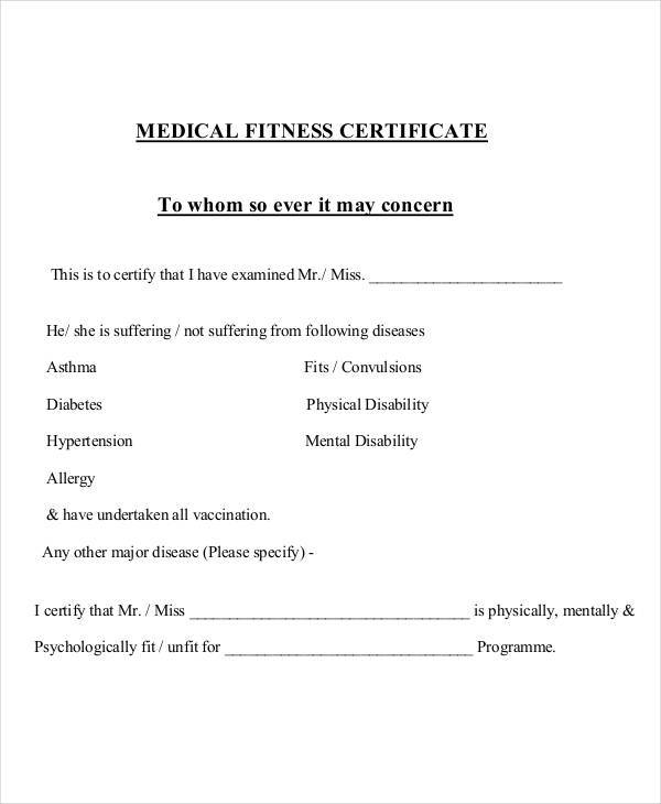 fitness medical certificate